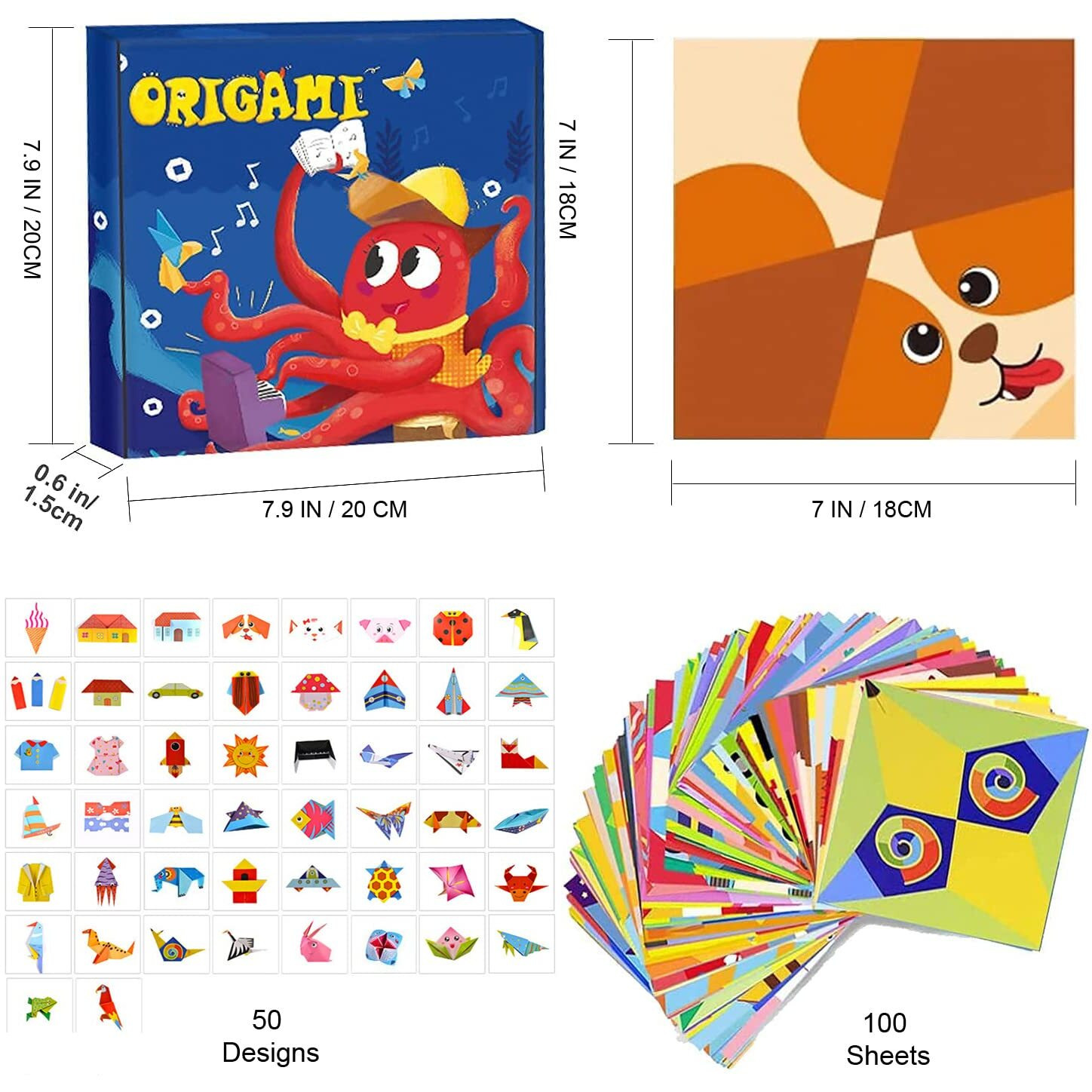 100 Pieces 50 Projects Origami Sheets, 3D Origami Paper with Guiding Book, Paper Size7 in /18CM *7 in /18CM, Art Activity, Craft Materials, DIY Kit Birthday Gifts for Boys and Girls 5-12 Years