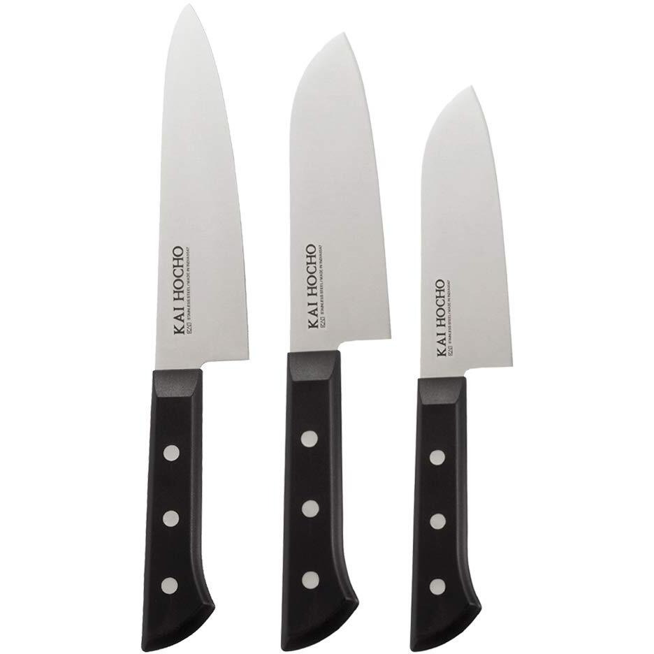 Kai Gift Box Premium Chef Hocho Knife 18.7 cm - Blade, Santoku Big Knife 17.2 cm - Blade and Santoku Small Knife 14.2 cm - Blade, Black Stainless Steel Knife Set (Pack of 3)