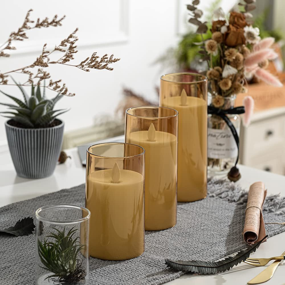 LTETTES Led Battery Operated Flameless Flickering Acrylic Fiber Glass Pillar 4,5,6X3 Set Of 9 Candles With Remote Control & Timer For Home Decoration,Festive,Anniversary,Ideal For Gifting (Gold)