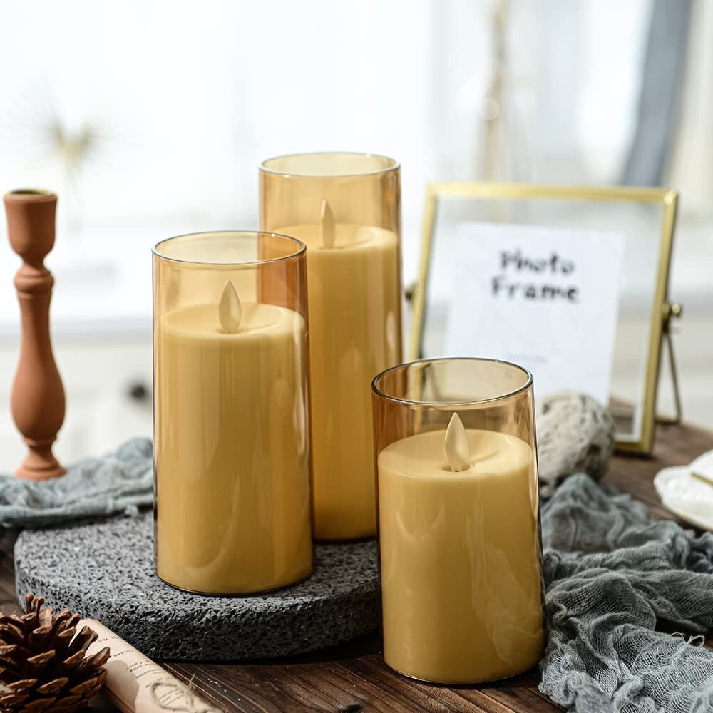 LTETTES Led Battery Operated Flameless Flickering Acrylic Fiber Glass Pillar 4,5,6X3 Set Of 9 Candles With Remote Control & Timer For Home Decoration,Festive,Anniversary,Ideal For Gifting (Gold)