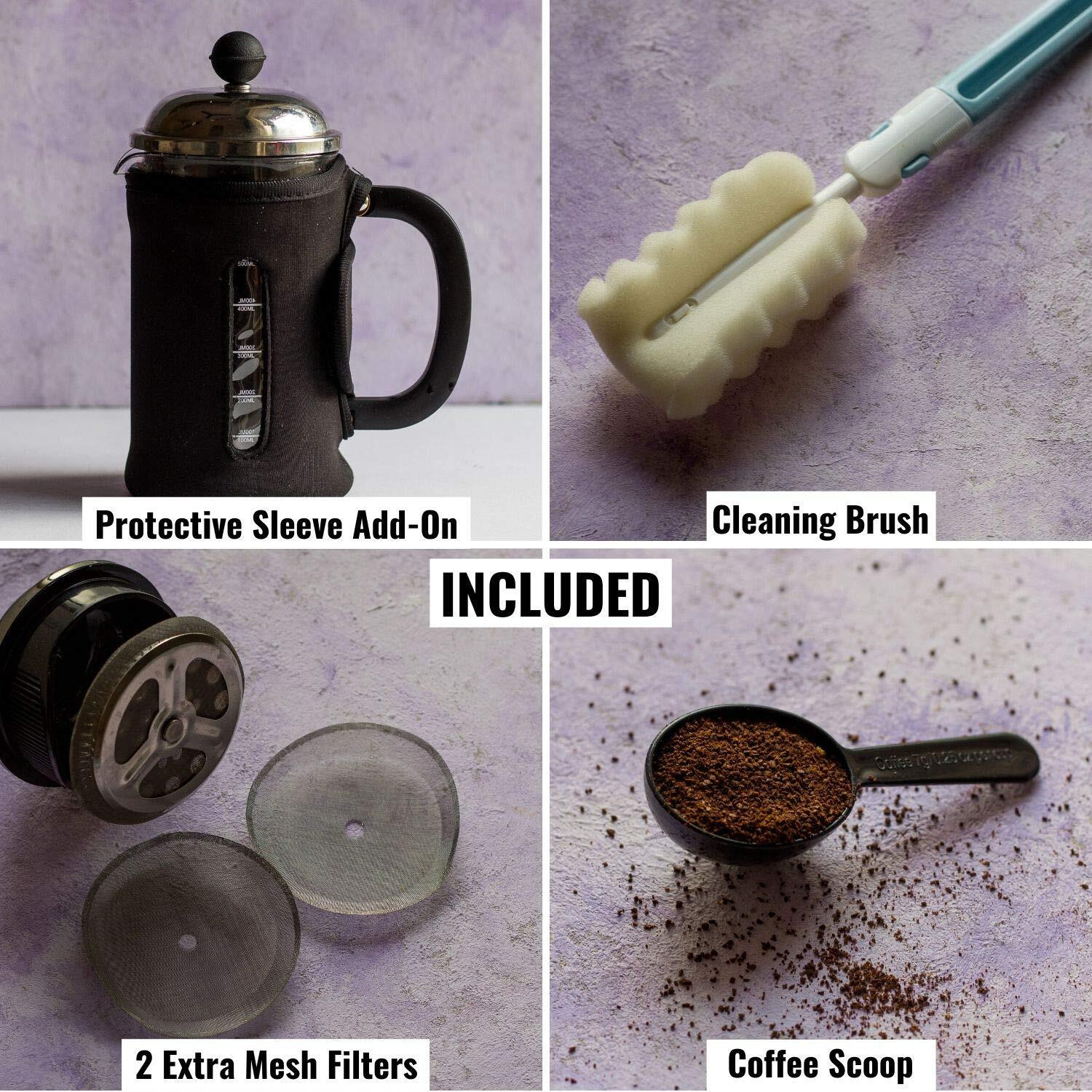 InstaCuppa French Press Coffee Maker with 4 Part Superior Filtration 600 ML with Neoprene Sleeve for Extra Protection, Stainless Steel