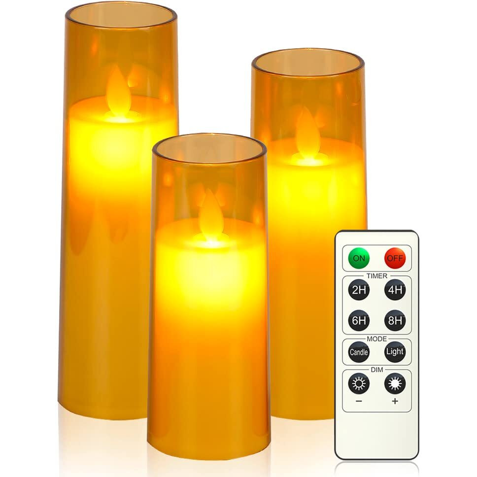 LTETTES Flickering Flameless Battery Operated Acrylic Fiber Led Pillar Candles With Remote Control And Timer For Home Decorations,Festive,Valentine,Weddings(2.3 D 5.5X6.57.5 H)Set Of 3(Gold)
