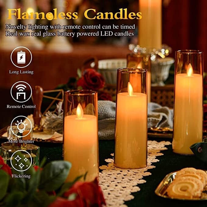 LTETTES Flickering Flameless Battery Operated Acrylic Fiber Led Pillar Candles With Remote Control And Timer For Home Decorations,Festive,Valentine,Weddings(2.3 D 5.5X6.57.5 H)Set Of 3(Gold)