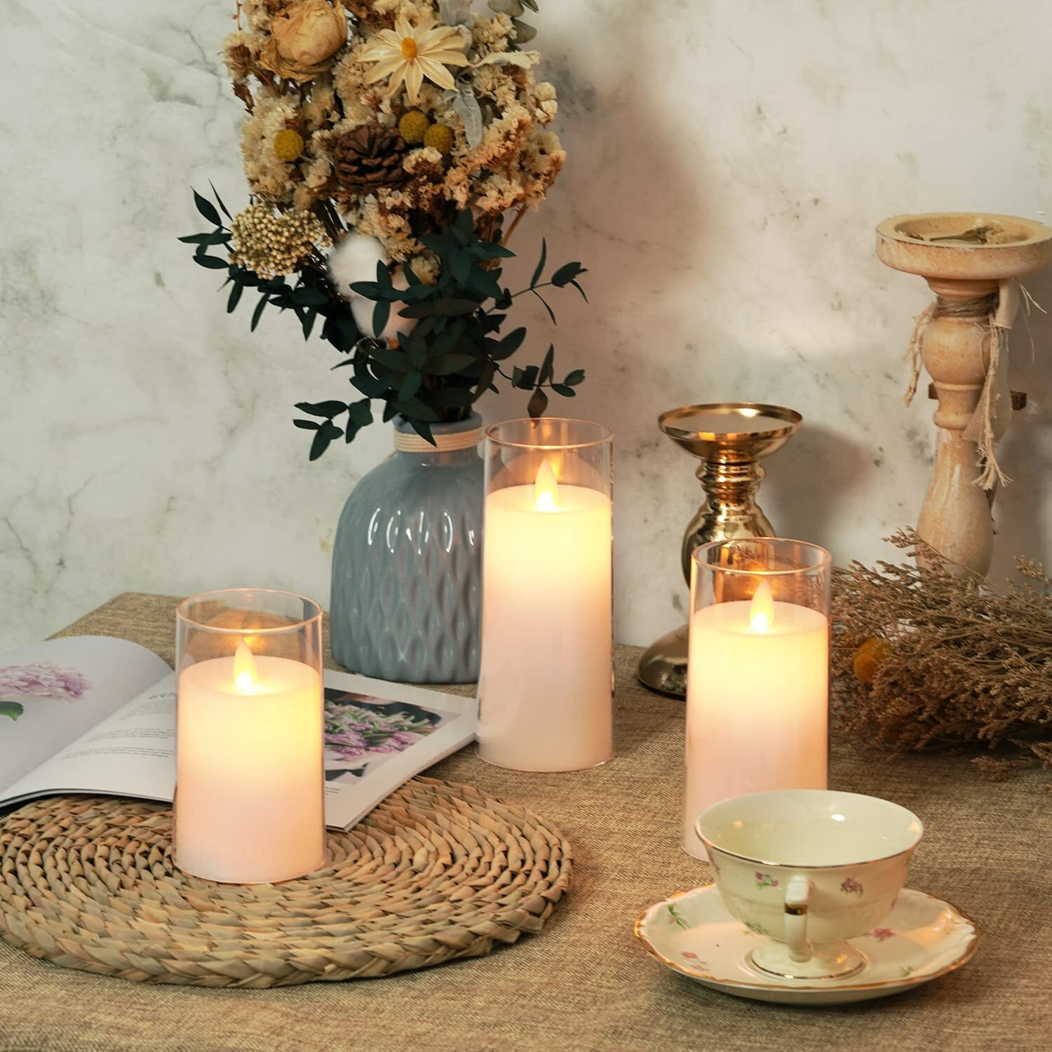 LTETTES Flameless LED Candles AA Battery Powered with White Acrylic Fiber Glass with Remote Controller and Timer for Home Festival Wedding Decor (Set of 3-3 D x 4,5,6 H)