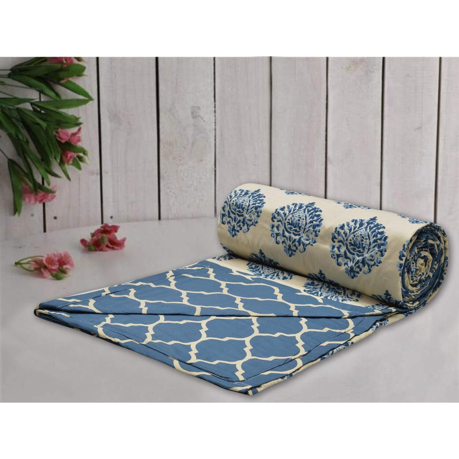 Trance Home Linen Pure Cotton Reversible Dohar Double Bed Size | AC Blanket Comforter | Soft Light-Weight Bed Blanket (84 x 88 inch, Damask Blue, Pack of 1)