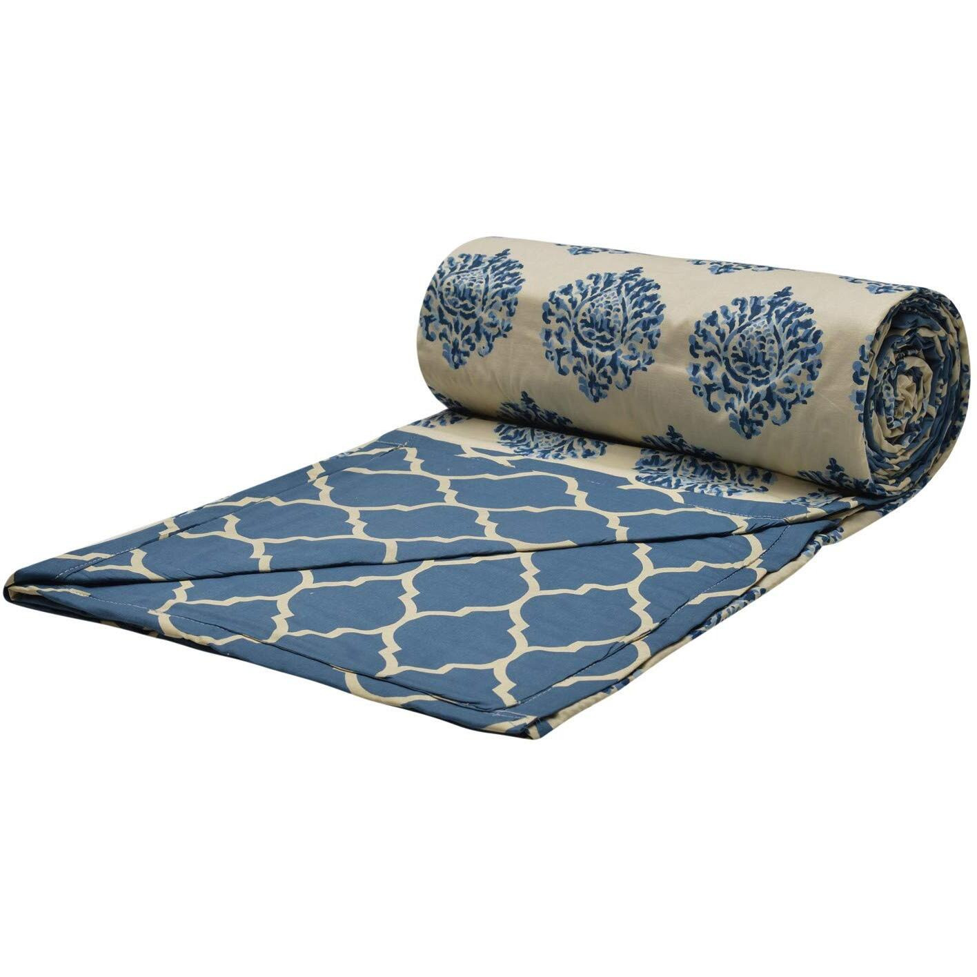 Trance Home Linen Pure Cotton Reversible Dohar Double Bed Size | AC Blanket Comforter | Soft Light-Weight Bed Blanket (84 x 88 inch, Damask Blue, Pack of 1)