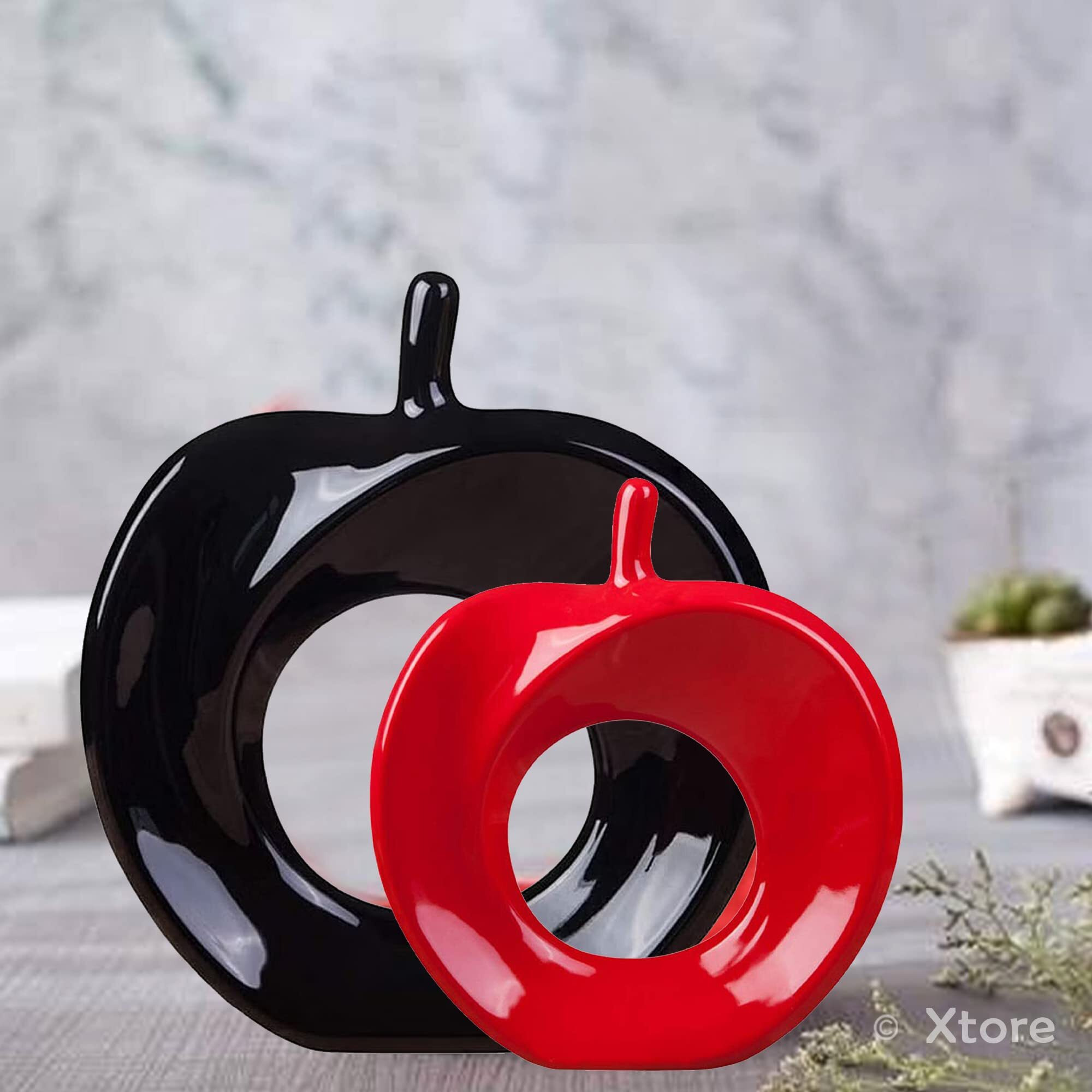 Xtore Beautiful Apple Shape Ceramic Home Decor Showpiece (Pack of 2, Black & Red Color)