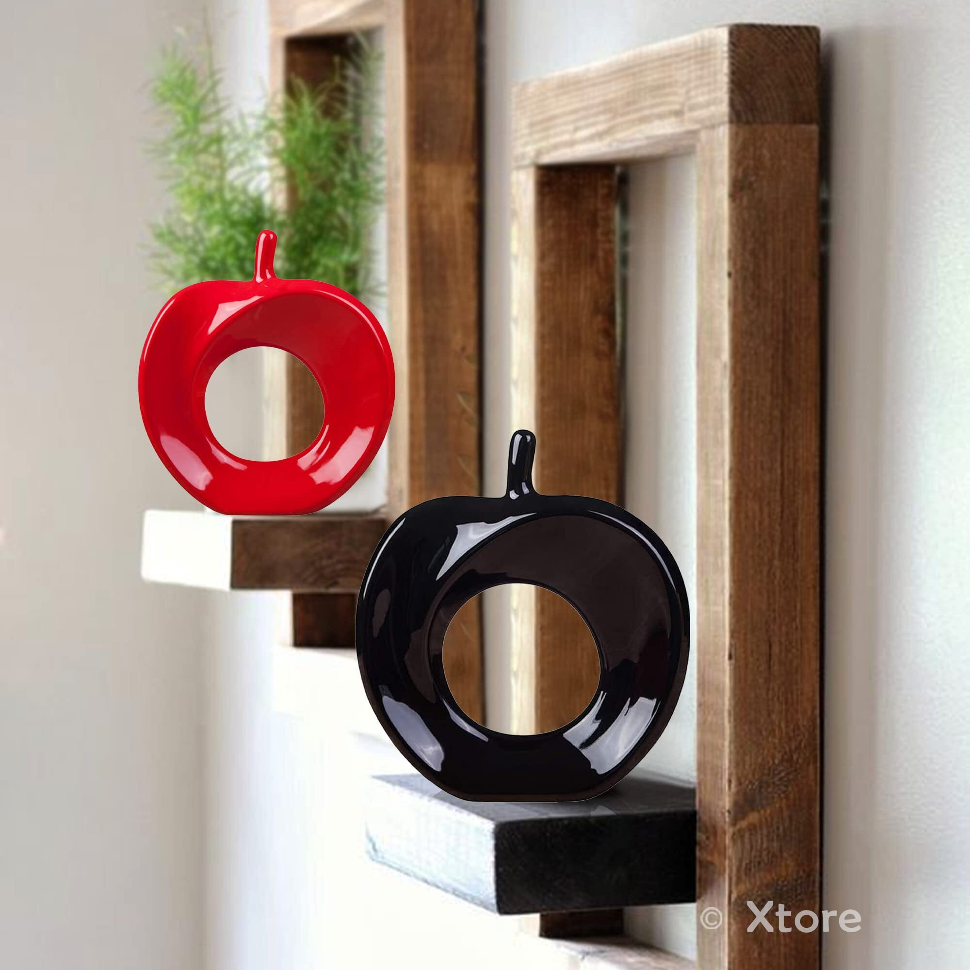 Xtore Beautiful Apple Shape Ceramic Home Decor Showpiece (Pack of 2, Black & Red Color)