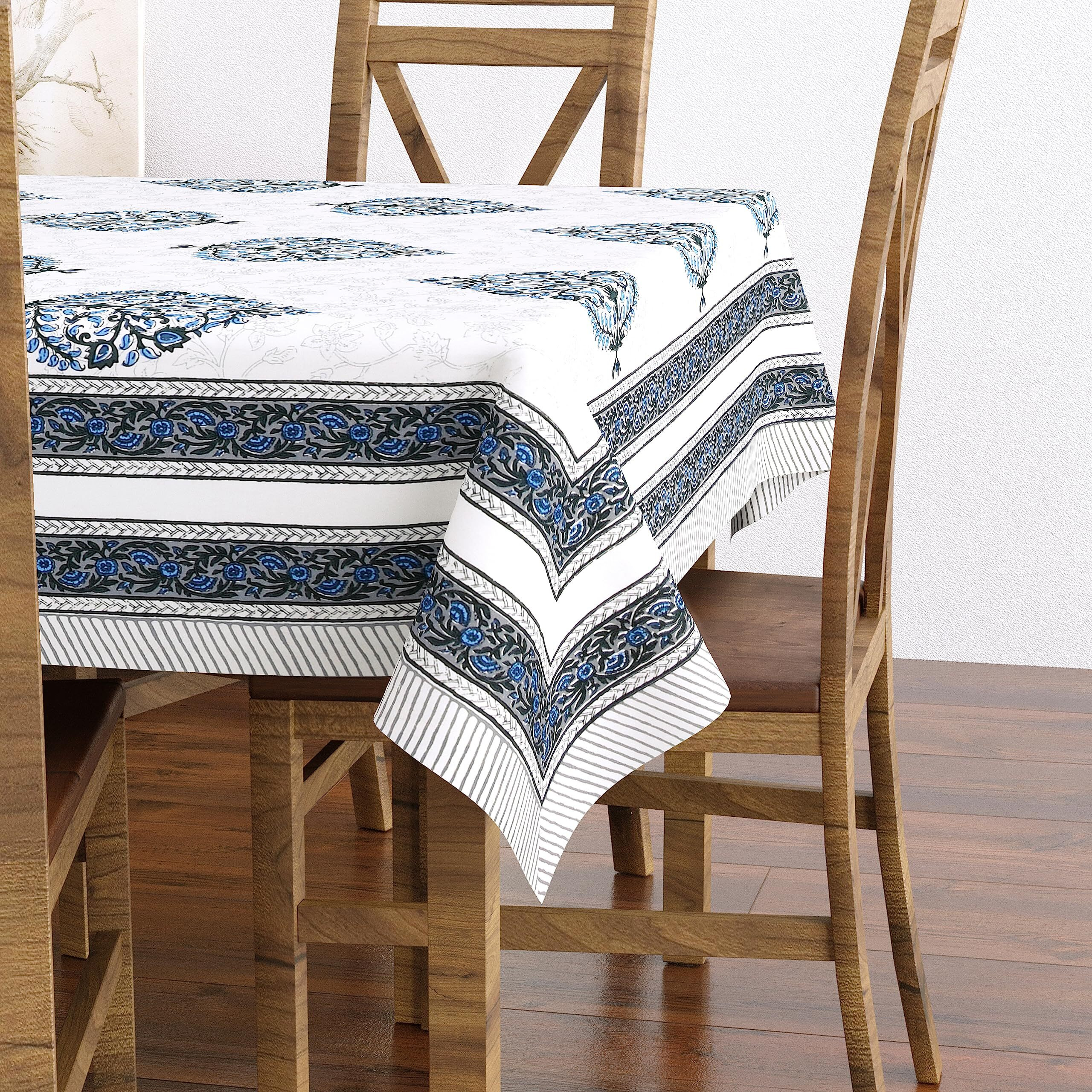BLOCKS OF INDIA Hand Block/Batik Printed Cotton Rectangular Table Cloth for 6 Seater Dining Table (60 Inch X 90 Inch, Grey Paisley, Pack of 1)
