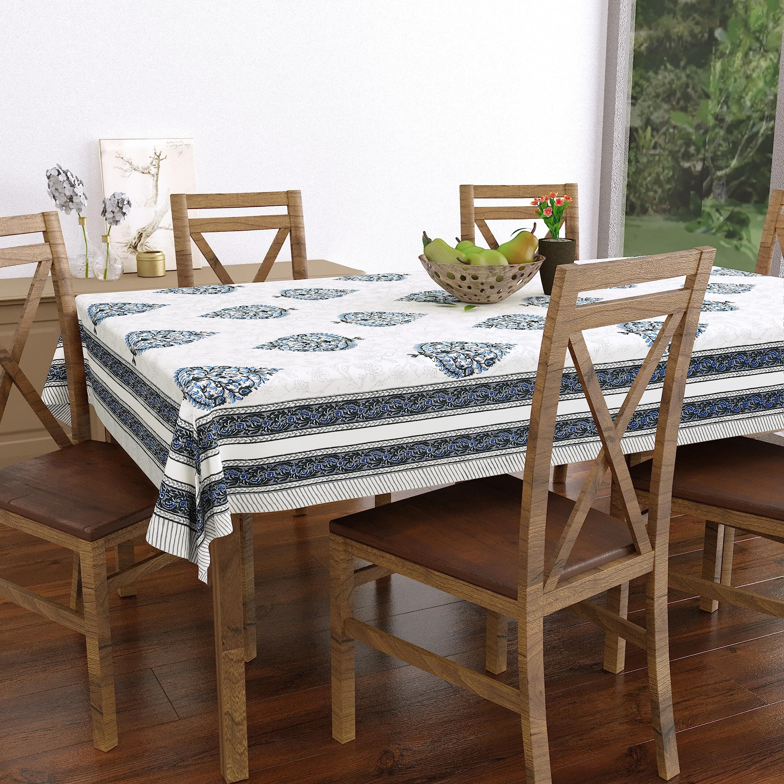 BLOCKS OF INDIA Hand Block/Batik Printed Cotton Rectangular Table Cloth for 6 Seater Dining Table (60 Inch X 90 Inch, Grey Paisley, Pack of 1)