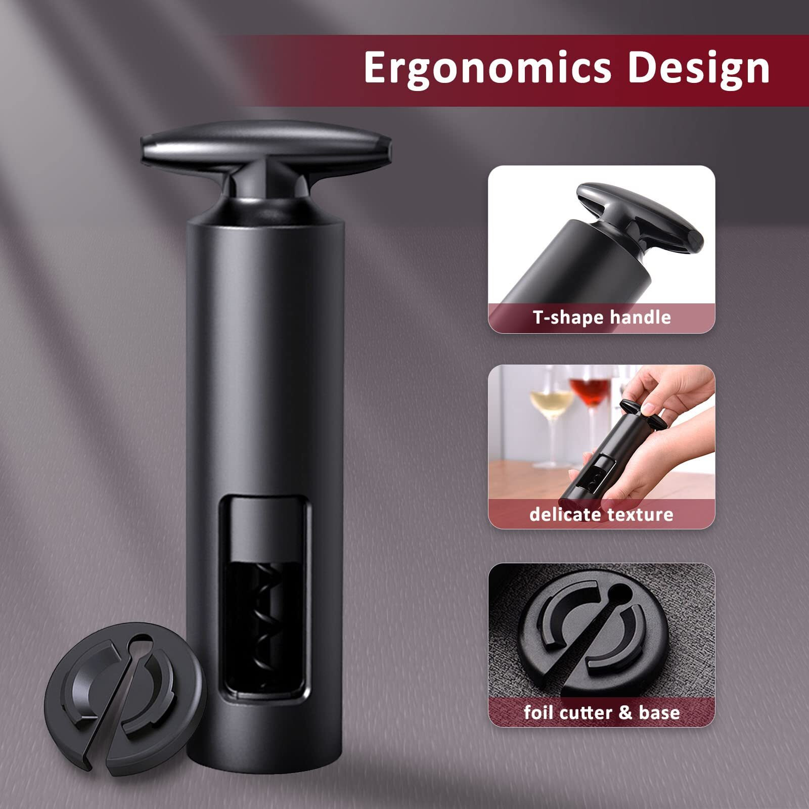 HASTHIP 4PCS Wine Opener Set with Foil Cutter,Wine Pourer,Vacuum Wine Stopper Wine Bottle Opener Wine Opener Corkscrew Steel with One Foil Cutter T Shape Handle Gifts