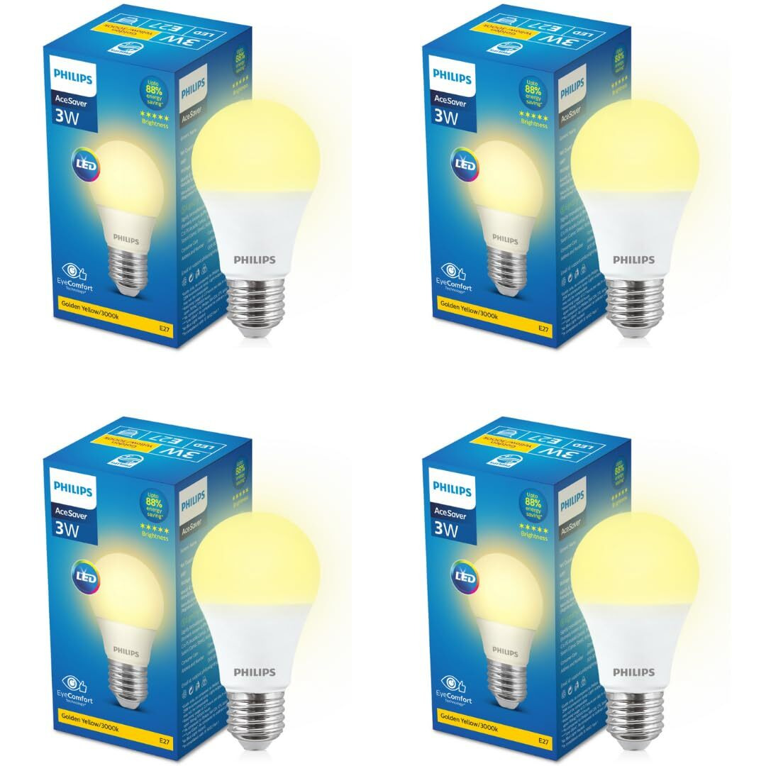 PHILIPS 3-watt LED Bulb | AceSaver LED Bulb | Base E27 Light Bulb for Home | Warm White, Pack of 4