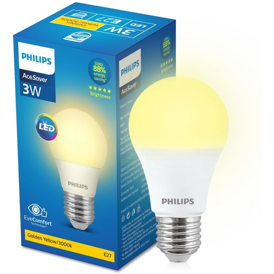 PHILIPS 3-watt LED Bulb | AceSaver LED Bulb | Base E27 Light Bulb for Home | Warm White, Pack of 4