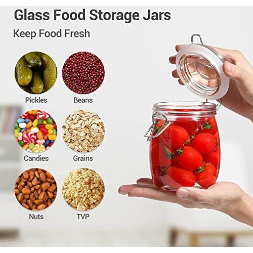 HEXONIQ Airtight Glass Jar With Silicone Clamp Lid, Storage Container With Clear Preserving Seal Wire Clip Fastening For Kitchen Canning Cereal, Pasta, Sugar, Beans, Spice, Round, 750 Ml, Pack of 1