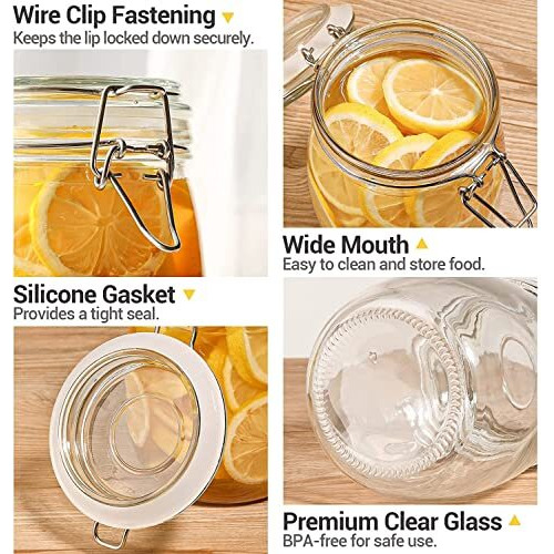 HEXONIQ Airtight Glass Jar With Silicone Clamp Lid, Storage Container With Clear Preserving Seal Wire Clip Fastening For Kitchen Canning Cereal, Pasta, Sugar, Beans, Spice, Round, 750 Ml, Pack of 1