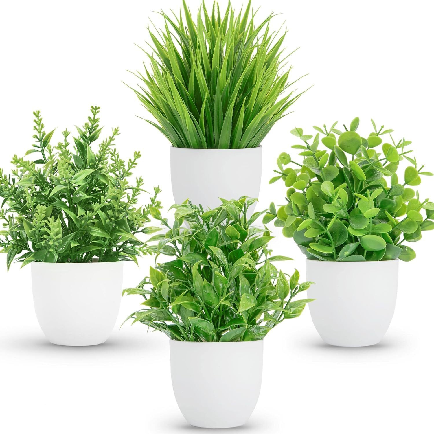 Dekorly Plastic Artificial Plants Small Fake Potted Plants, Mini Eucalyptus Potted Faux Decorative Grass Plant With White Pot For Home Decor, Indoor, Office, Desk, Shelf, Table Decoration|Pack Of 4