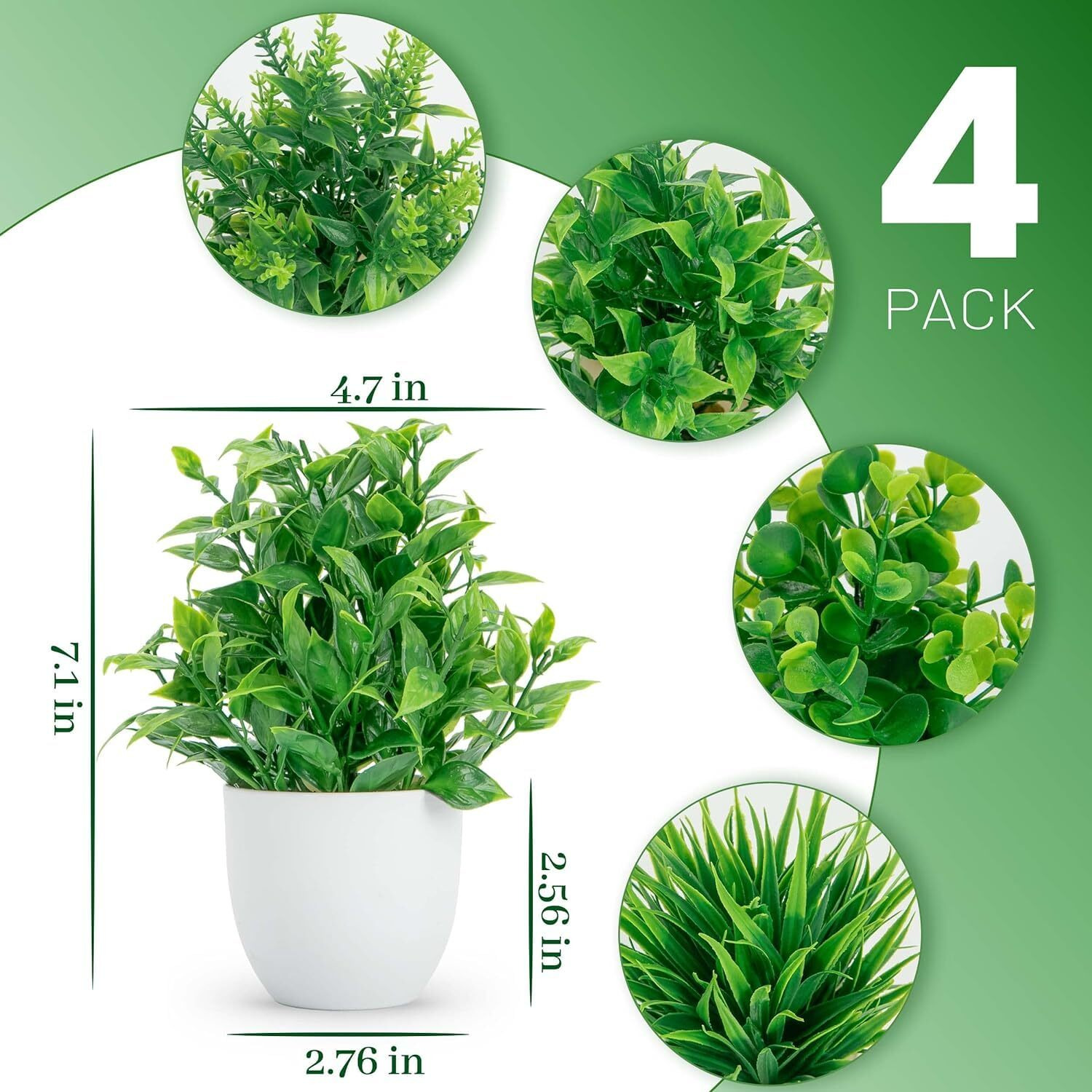 Dekorly Plastic Artificial Plants Small Fake Potted Plants, Mini Eucalyptus Potted Faux Decorative Grass Plant With White Pot For Home Decor, Indoor, Office, Desk, Shelf, Table Decoration|Pack Of 4