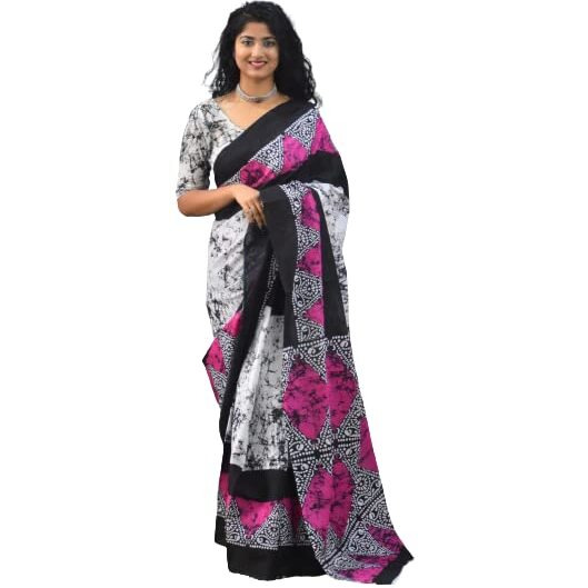 JALTHER Handicrafts Womens Ikat Hand Block Print Jaipuri Cotton Mulmul Saree with Blouse Piece - Pink_293