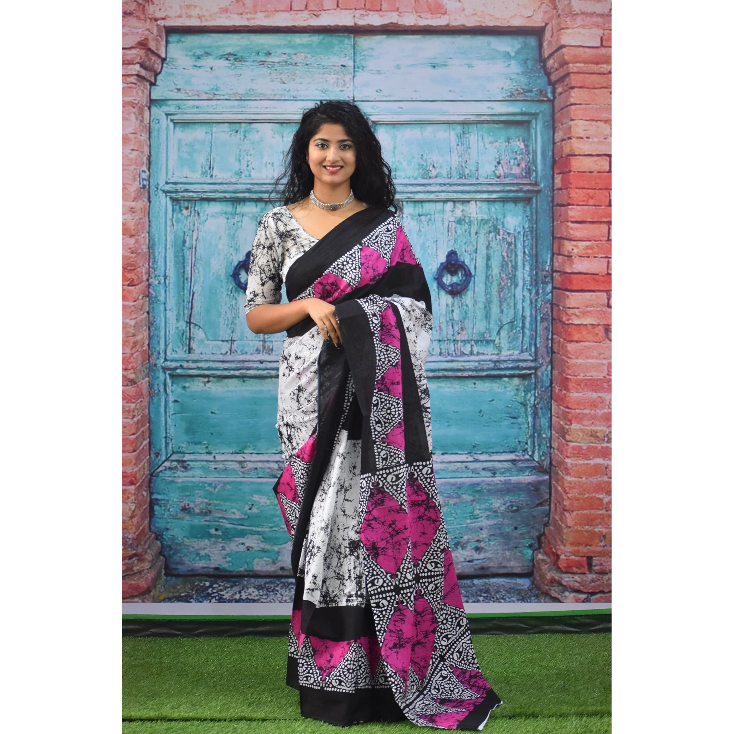 JALTHER Handicrafts Womens Ikat Hand Block Print Jaipuri Cotton Mulmul Saree with Blouse Piece - Pink_293