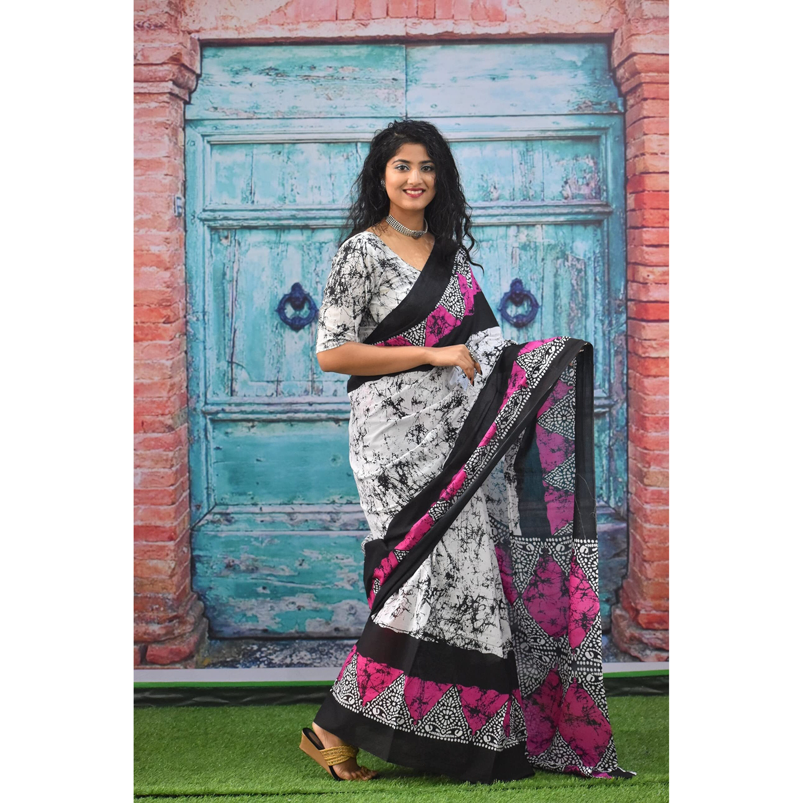 JALTHER Handicrafts Womens Ikat Hand Block Print Jaipuri Cotton Mulmul Saree with Blouse Piece - Pink_293