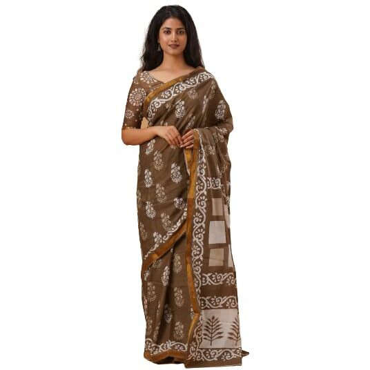 JALTHER Handicrafts Womens Ikat Hand Block Print Jaipuri Cotton Mulmul Saree Zari Border with Blouse Piece_Mustard_1