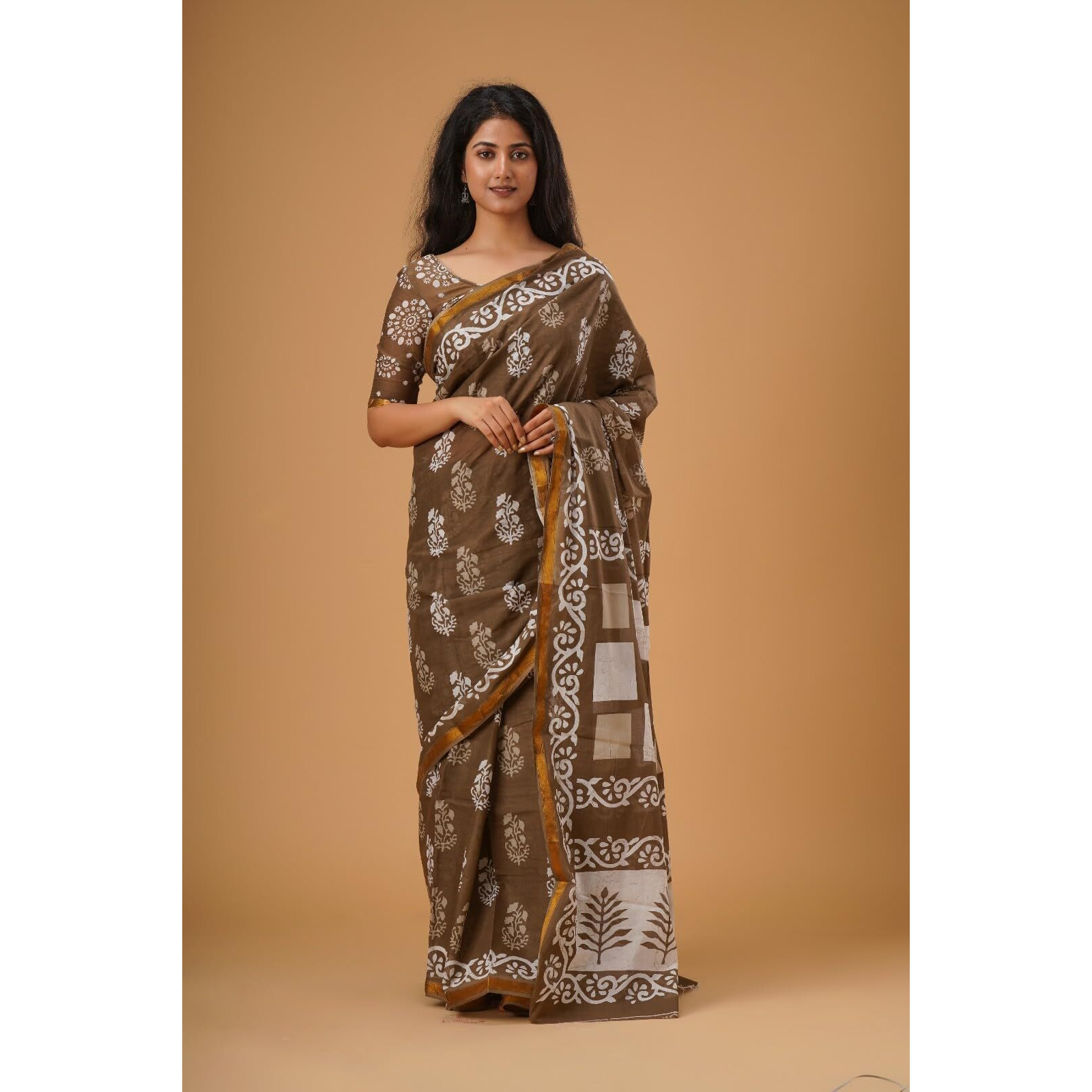 JALTHER Handicrafts Womens Ikat Hand Block Print Jaipuri Cotton Mulmul Saree Zari Border with Blouse Piece_Mustard_1