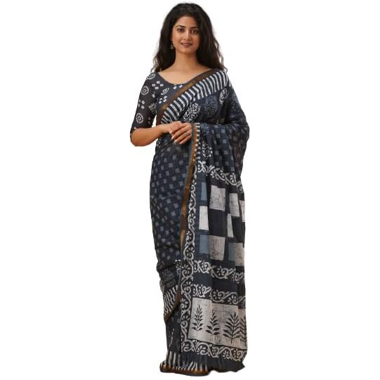 JALTHER Handicrafts Womens Ikat Hand Block Print Jaipuri Cotton Mulmul Saree Zari Border with Blouse Piece_Blue_3