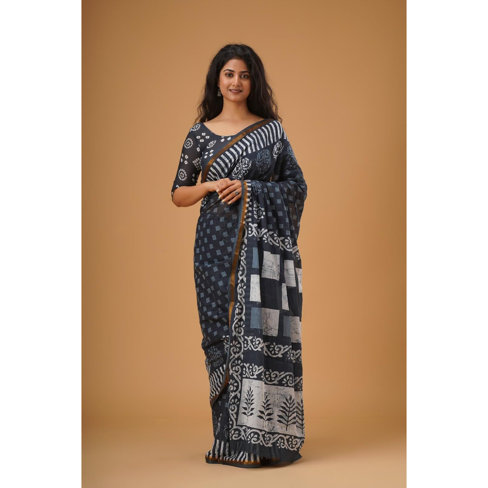 JALTHER Handicrafts Womens Ikat Hand Block Print Jaipuri Cotton Mulmul Saree Zari Border with Blouse Piece_Blue_3