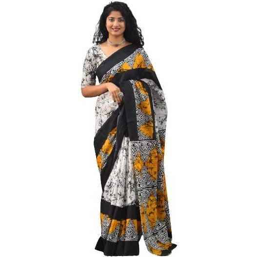 JALTHER Handicrafts Womens Ikat Hand Block Print Jaipuri Cotton Mulmul Saree with Blouse Piece - Yellow_294
