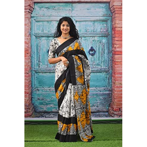 JALTHER Handicrafts Womens Ikat Hand Block Print Jaipuri Cotton Mulmul Saree with Blouse Piece - Yellow_294