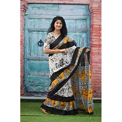 JALTHER Handicrafts Womens Ikat Hand Block Print Jaipuri Cotton Mulmul Saree with Blouse Piece - Yellow_294