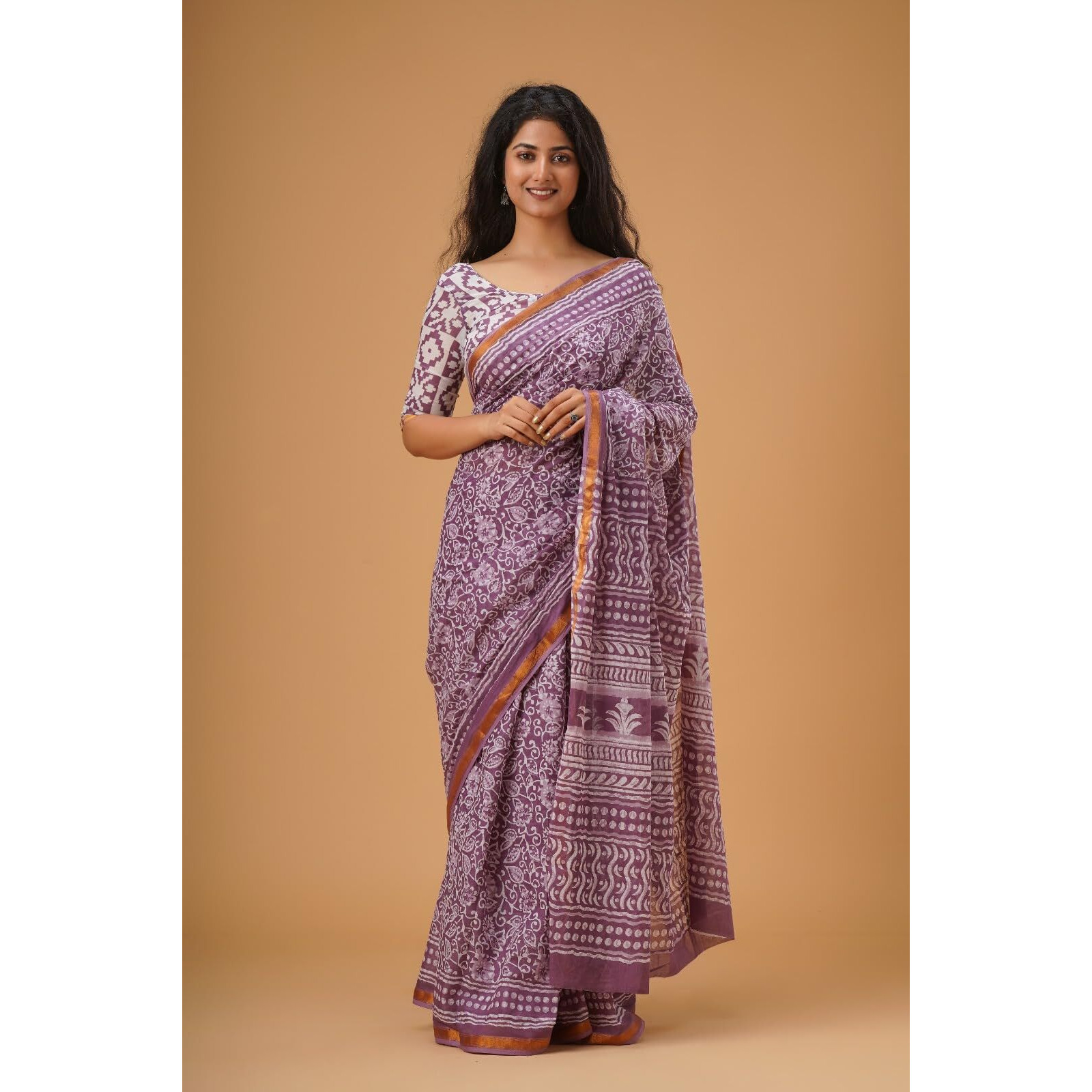JALTHER Handicrafts Womens Ikat Hand Block Print Jaipuri Cotton Mulmul Saree Zari Border with Blouse Piece_Purple_4
