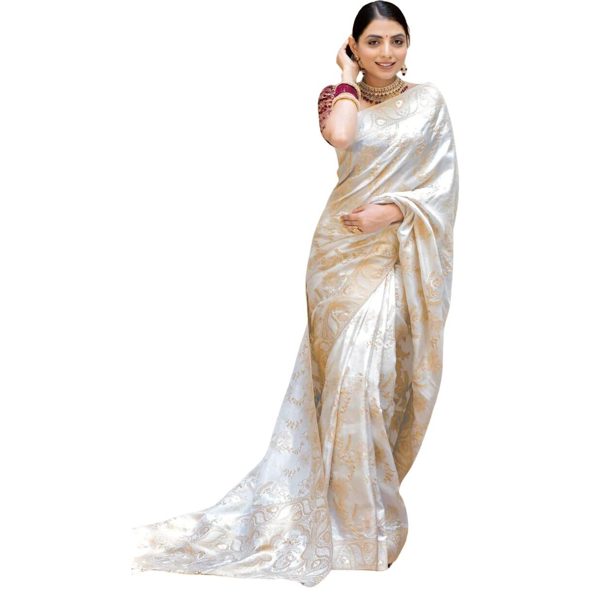 C J Enterprise Womens Banarasi Saree Pure Kanjivaram Silk Saree Soft Design Wear Pattu Sarees Latest Cotton With Blouse Piece Kanchipuram for Wedding sadi new ladies 2023(AlmariFlowrjaal-1) (White)