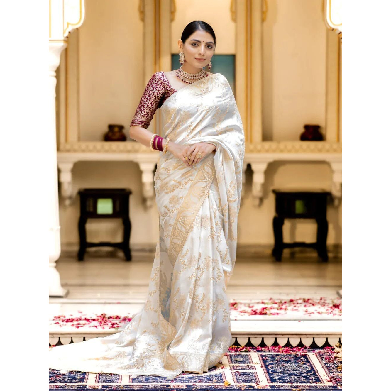 C J Enterprise Womens Banarasi Saree Pure Kanjivaram Silk Saree Soft Design Wear Pattu Sarees Latest Cotton With Blouse Piece Kanchipuram for Wedding sadi new ladies 2023(AlmariFlowrjaal-1) (White)