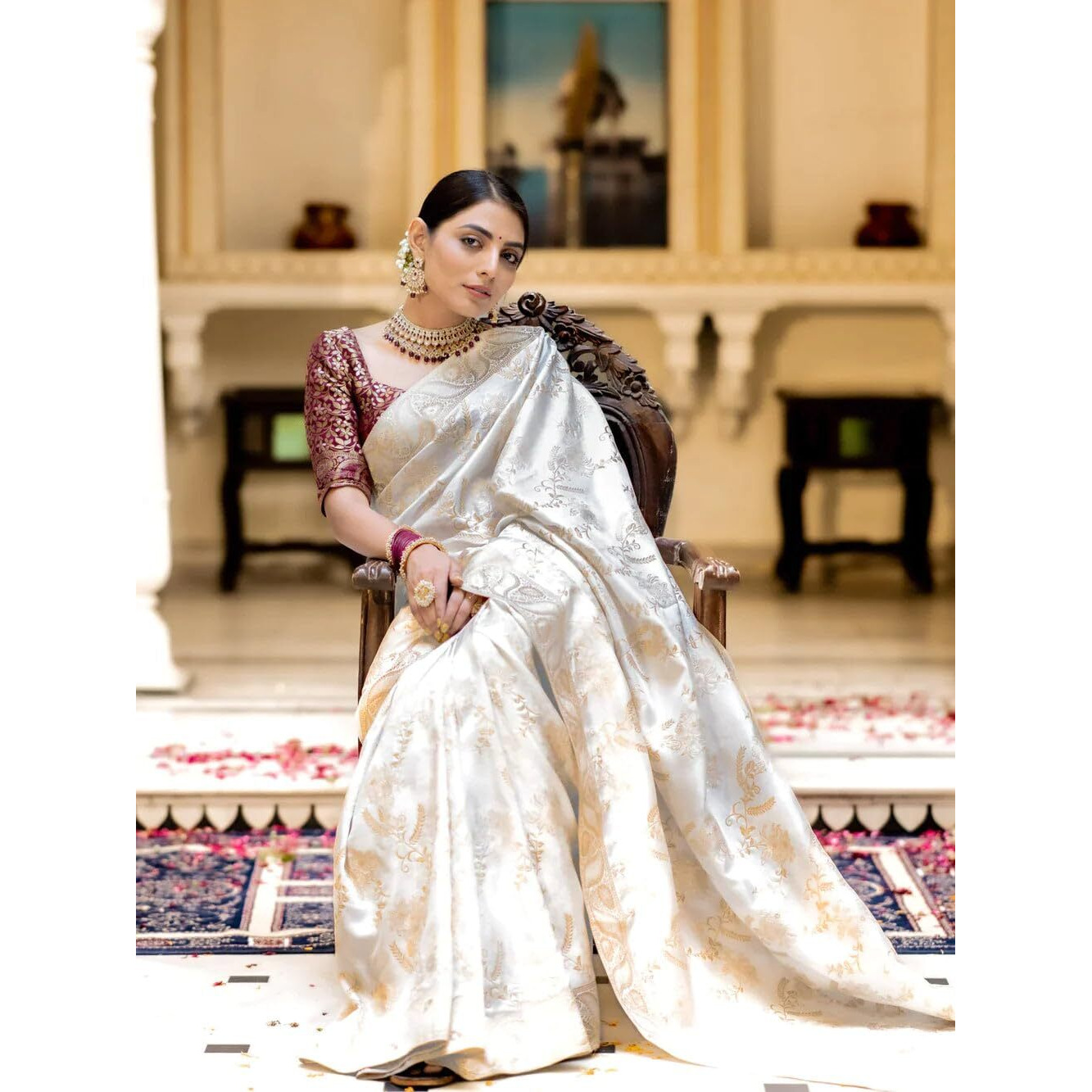 C J Enterprise Womens Banarasi Saree Pure Kanjivaram Silk Saree Soft Design Wear Pattu Sarees Latest Cotton With Blouse Piece Kanchipuram for Wedding sadi new ladies 2023(AlmariFlowrjaal-1) (White)