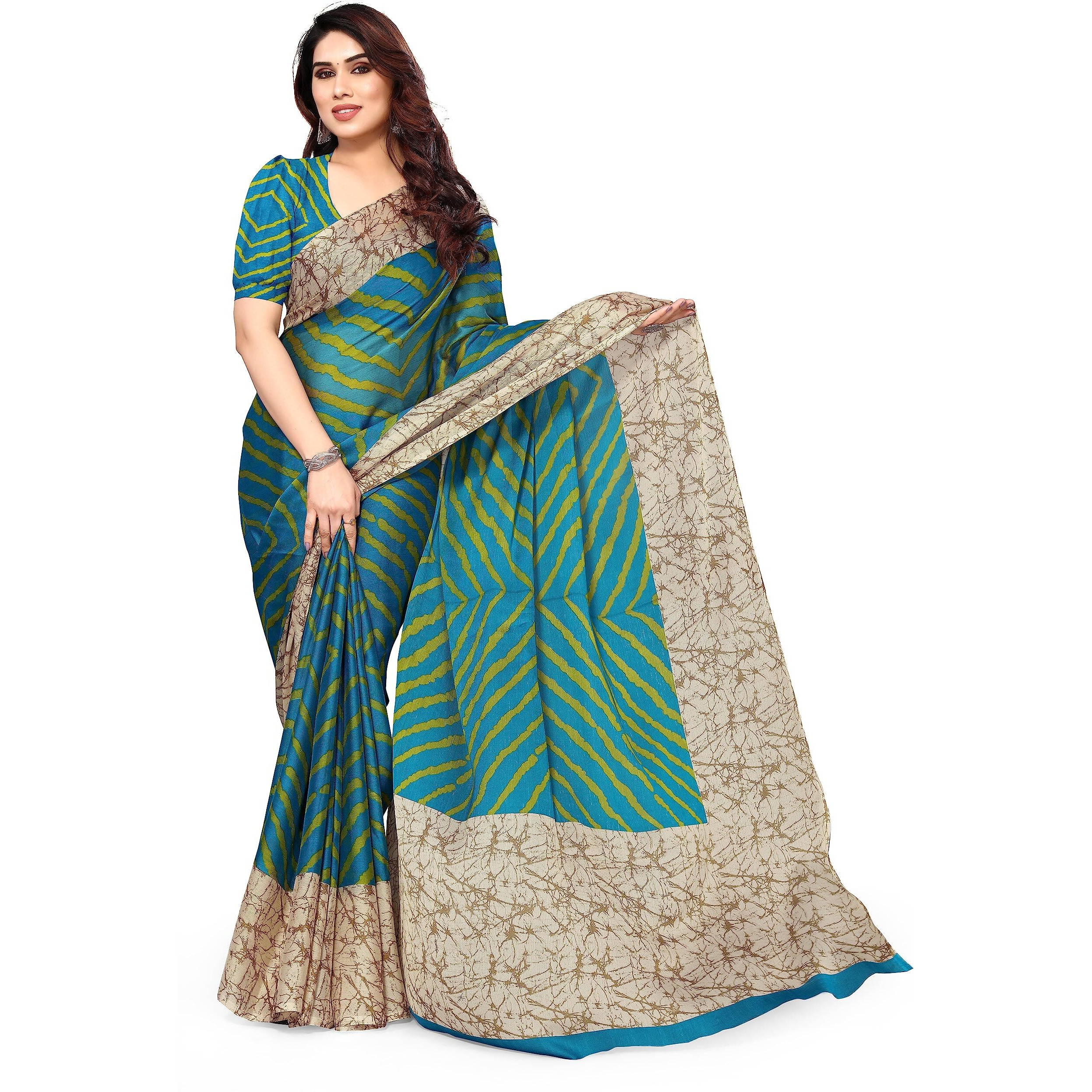 MIRCHI FASHION Womens Plain Weave Chiffon Laheriya Printed Saree with Blouse Piece (38662-Turquoise, Green)