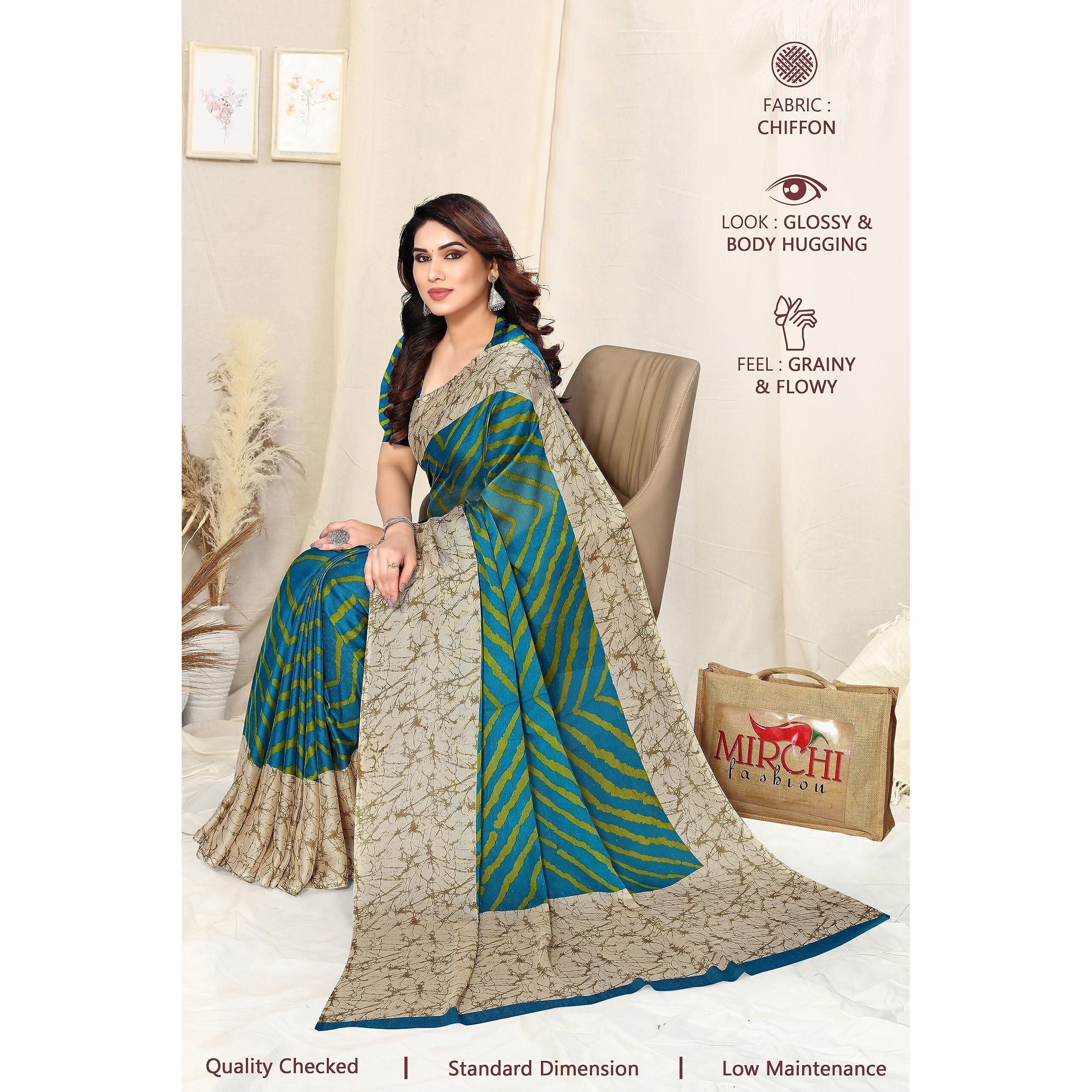 MIRCHI FASHION Womens Plain Weave Chiffon Laheriya Printed Saree with Blouse Piece (38662-Turquoise, Green)