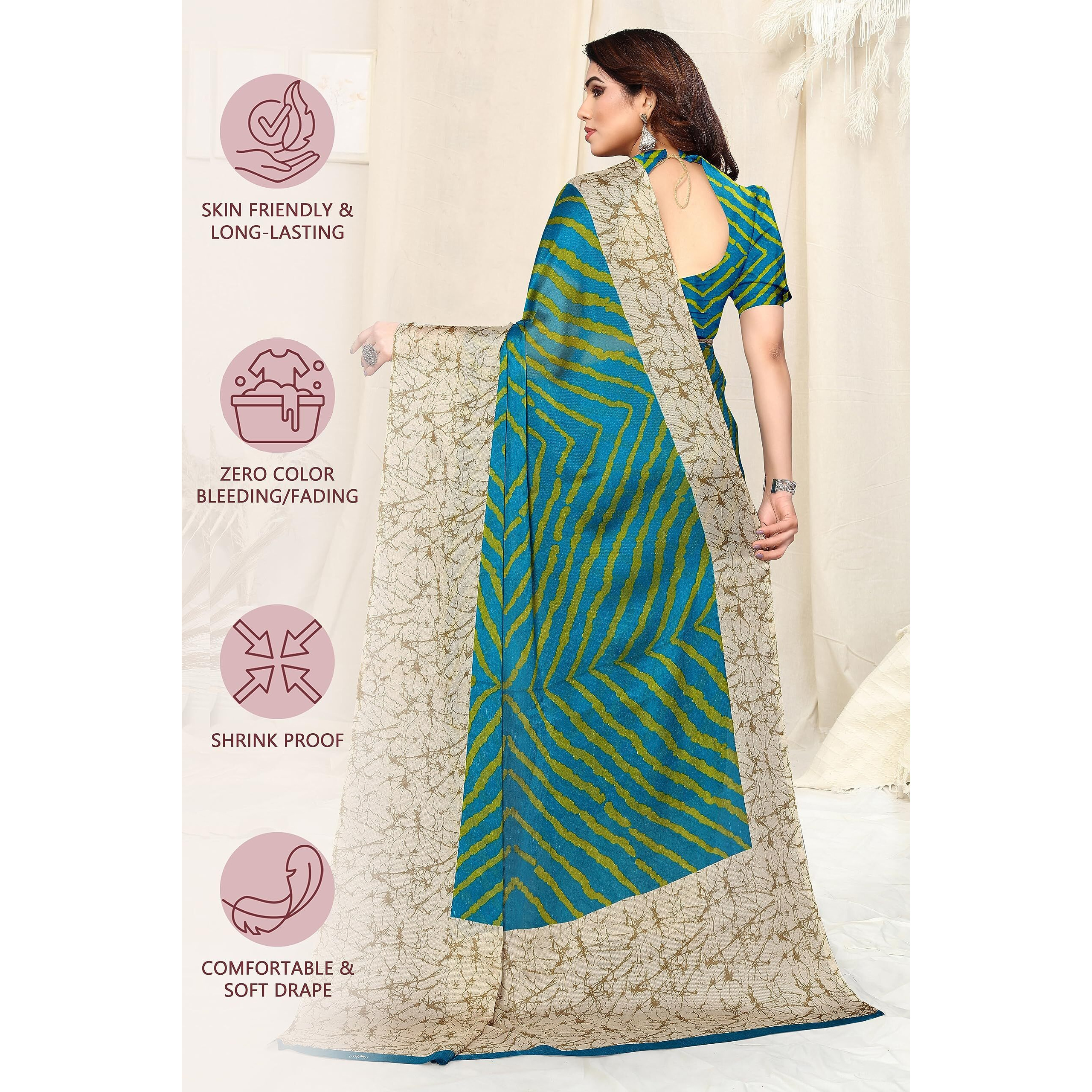 MIRCHI FASHION Womens Plain Weave Chiffon Laheriya Printed Saree with Blouse Piece (38662-Turquoise, Green)