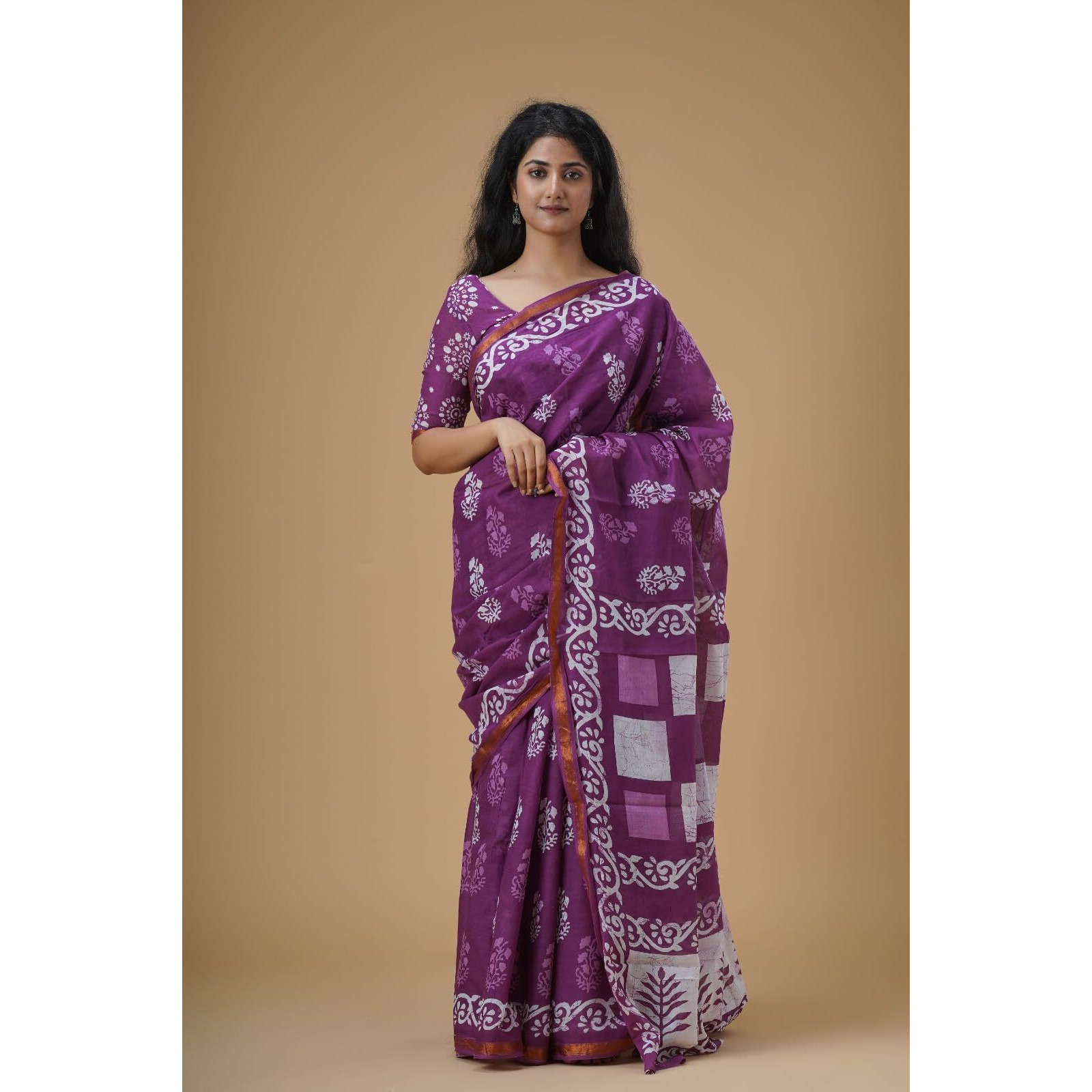 JALTHER Handicrafts Womens Ikat Hand Block Print Jaipuri Cotton Mulmul Saree Zari Border with Blouse Piece_Purple_6