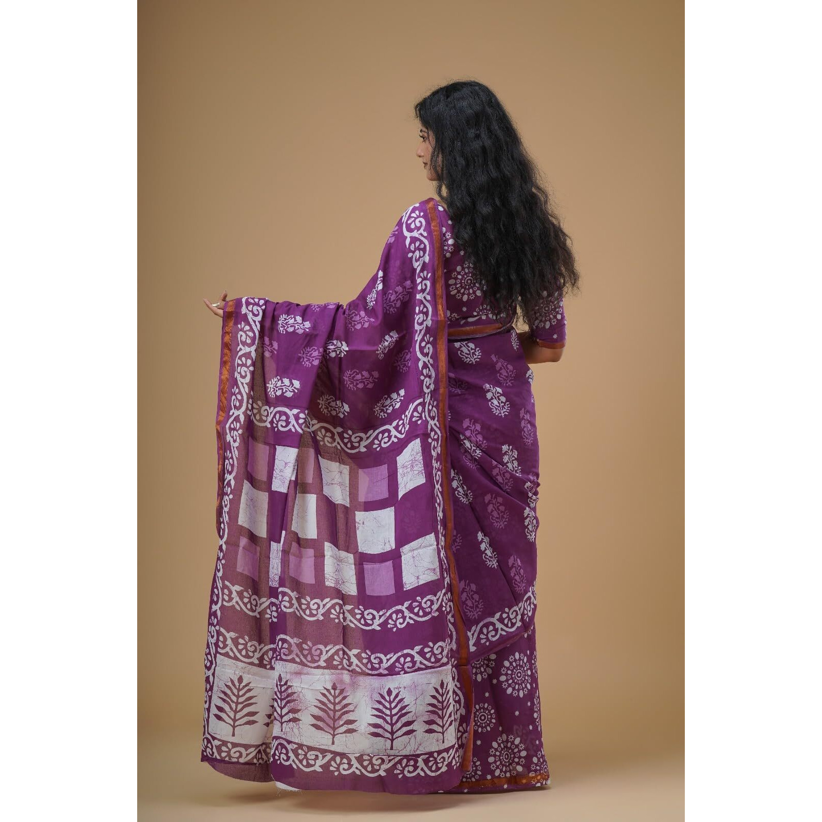 JALTHER Handicrafts Womens Ikat Hand Block Print Jaipuri Cotton Mulmul Saree Zari Border with Blouse Piece_Purple_6