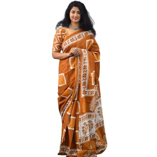 JALTHER Handicrafts Womens Ikat Hand Block Print Jaipuri Cotton Mulmul Saree with Blouse Piece - Mustard_112