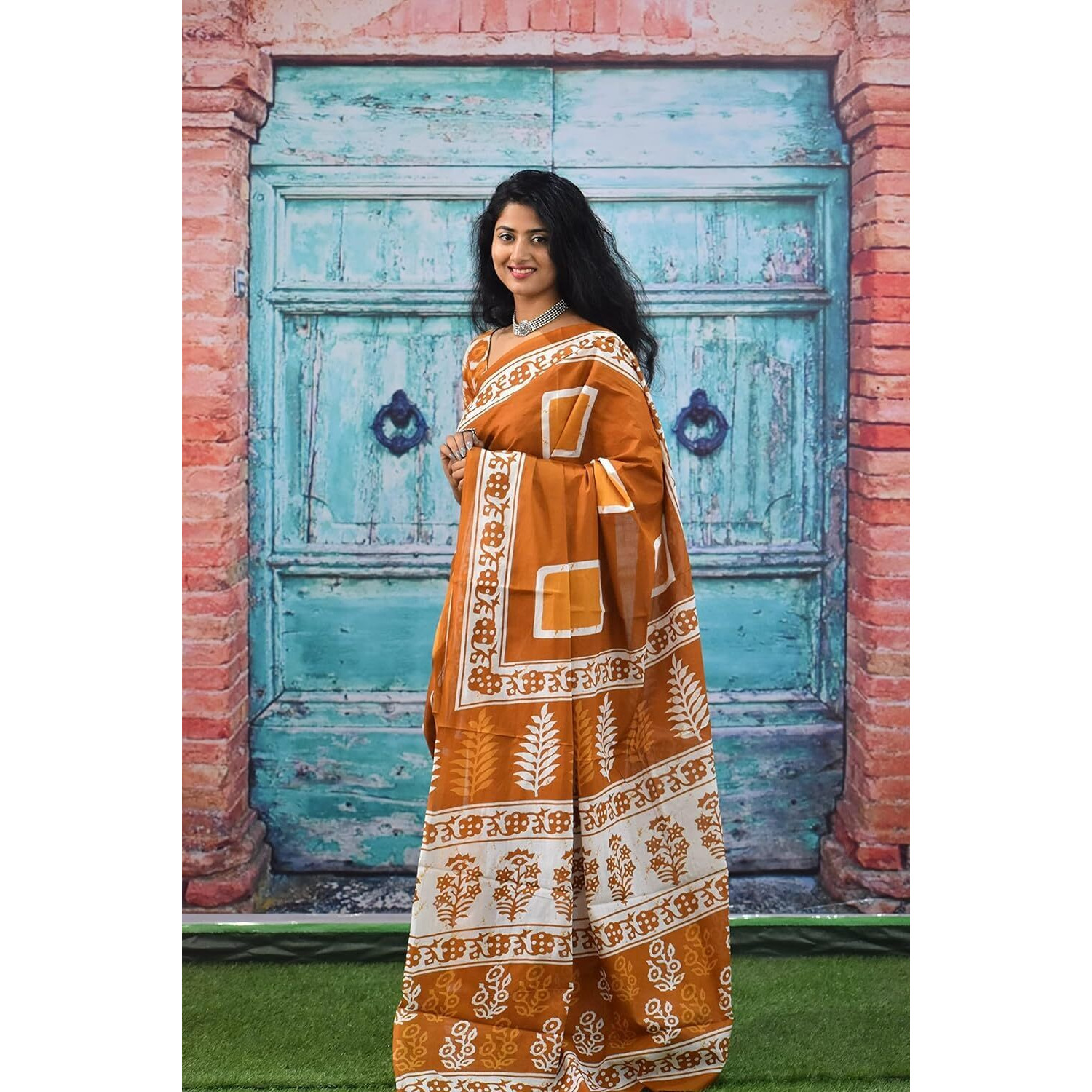 JALTHER Handicrafts Womens Ikat Hand Block Print Jaipuri Cotton Mulmul Saree with Blouse Piece - Mustard_112