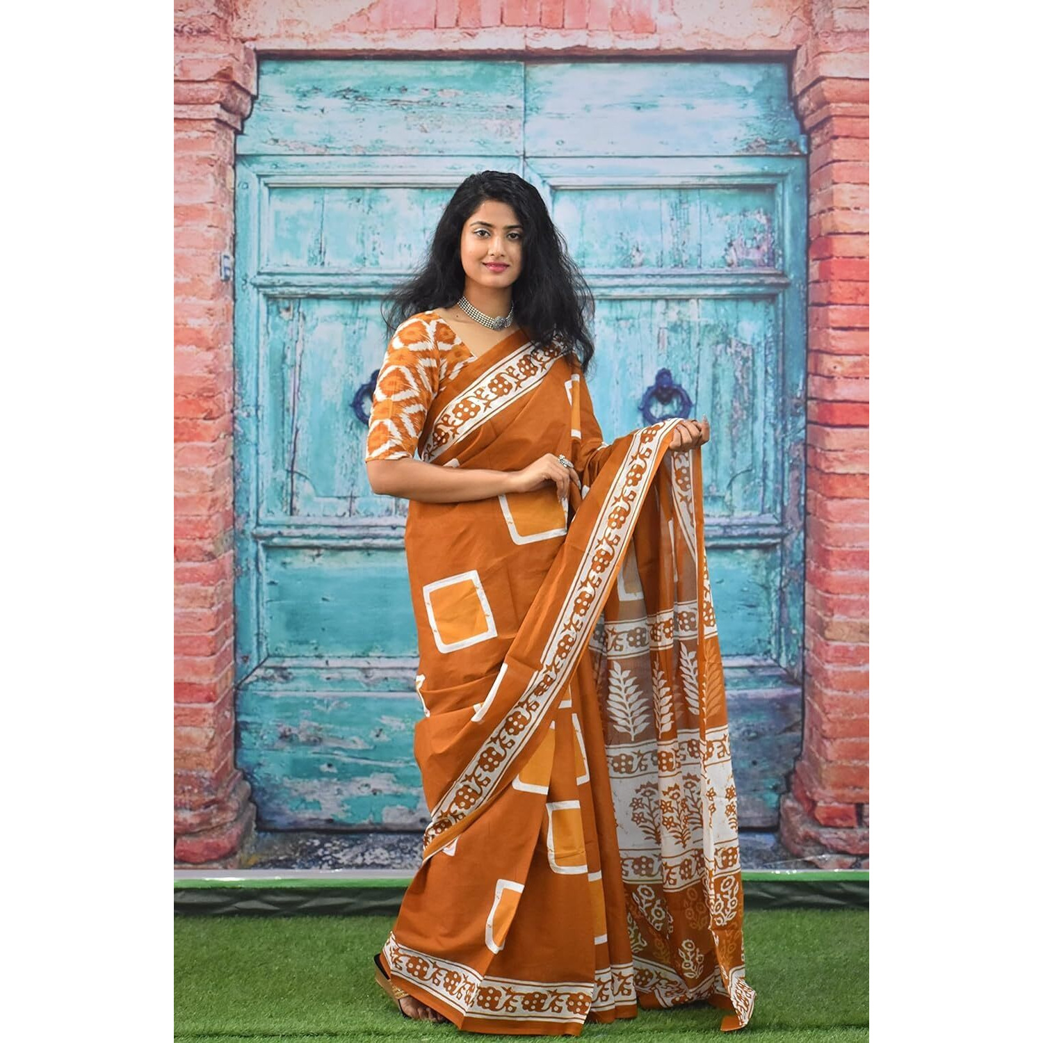 JALTHER Handicrafts Womens Ikat Hand Block Print Jaipuri Cotton Mulmul Saree with Blouse Piece - Mustard_112