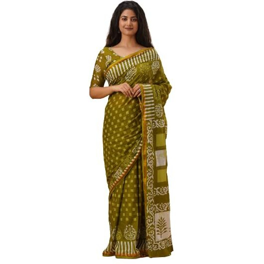 JALTHER Handicrafts Womens Ikat Hand Block Print Jaipuri Cotton Mulmul Saree Zari Border with Blouse Piece_Mustard_2