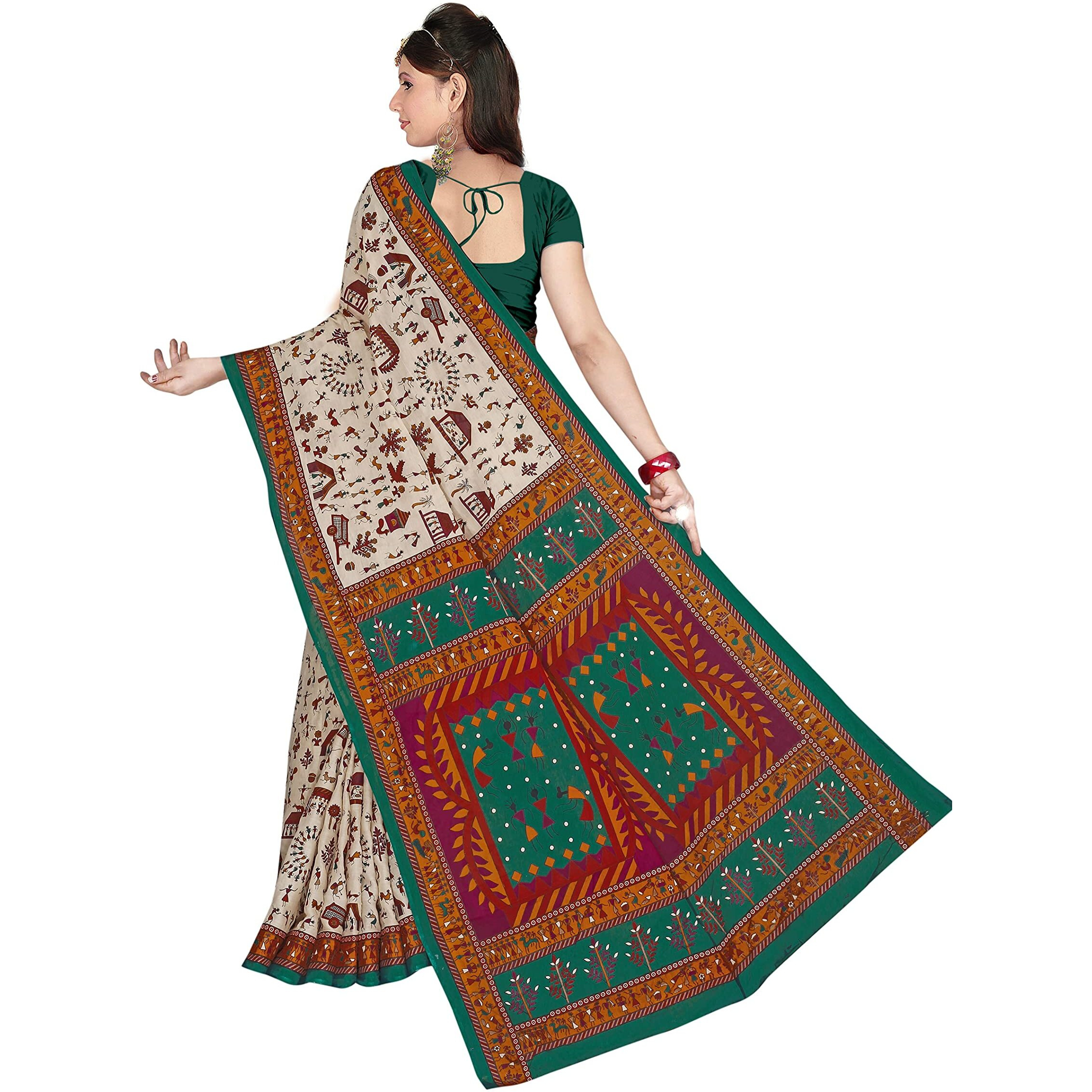 TAMAIRA FASHION Womens Plain Weave Pure Cotton Saree Without Blouse Piece(1560_Beige&SeaGreen)