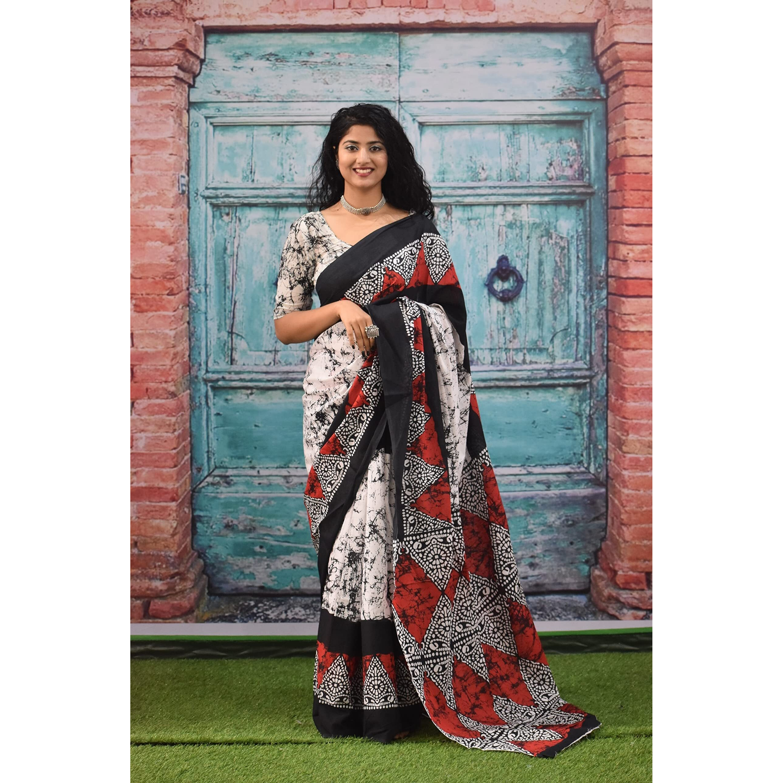 JALTHER Handicrafts Womens Ikat Hand Block Print Jaipuri Cotton Mulmul Saree with Blouse Piece - Red_296