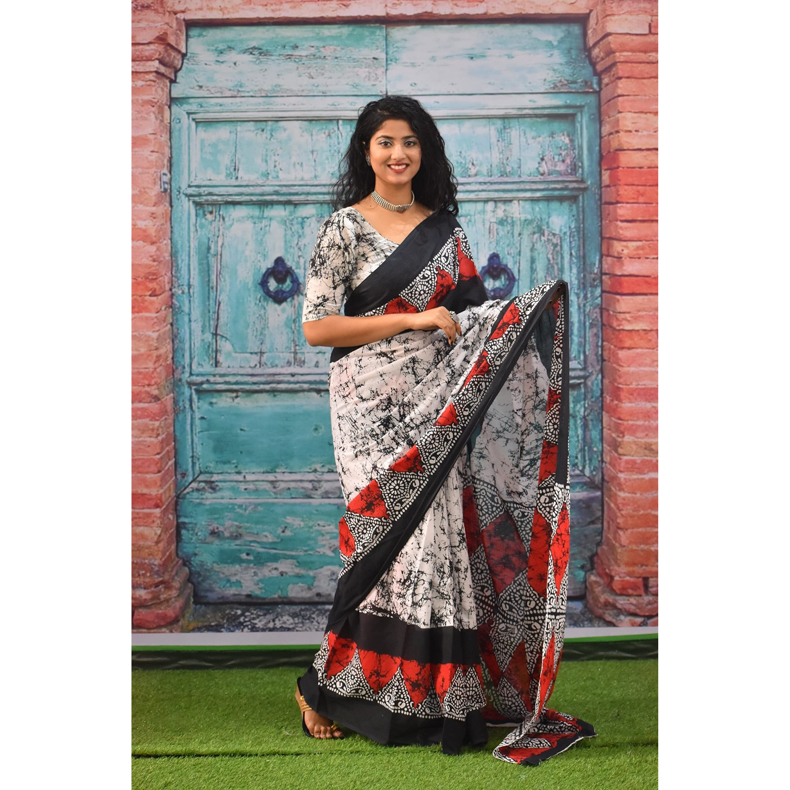 JALTHER Handicrafts Womens Ikat Hand Block Print Jaipuri Cotton Mulmul Saree with Blouse Piece - Red_296