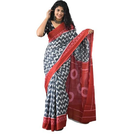 JALTHER Handicrafts Womens Ikat Hand Block Print Jaipuri Cotton Mulmul Saree with Blouse Piece_Multicolor 700