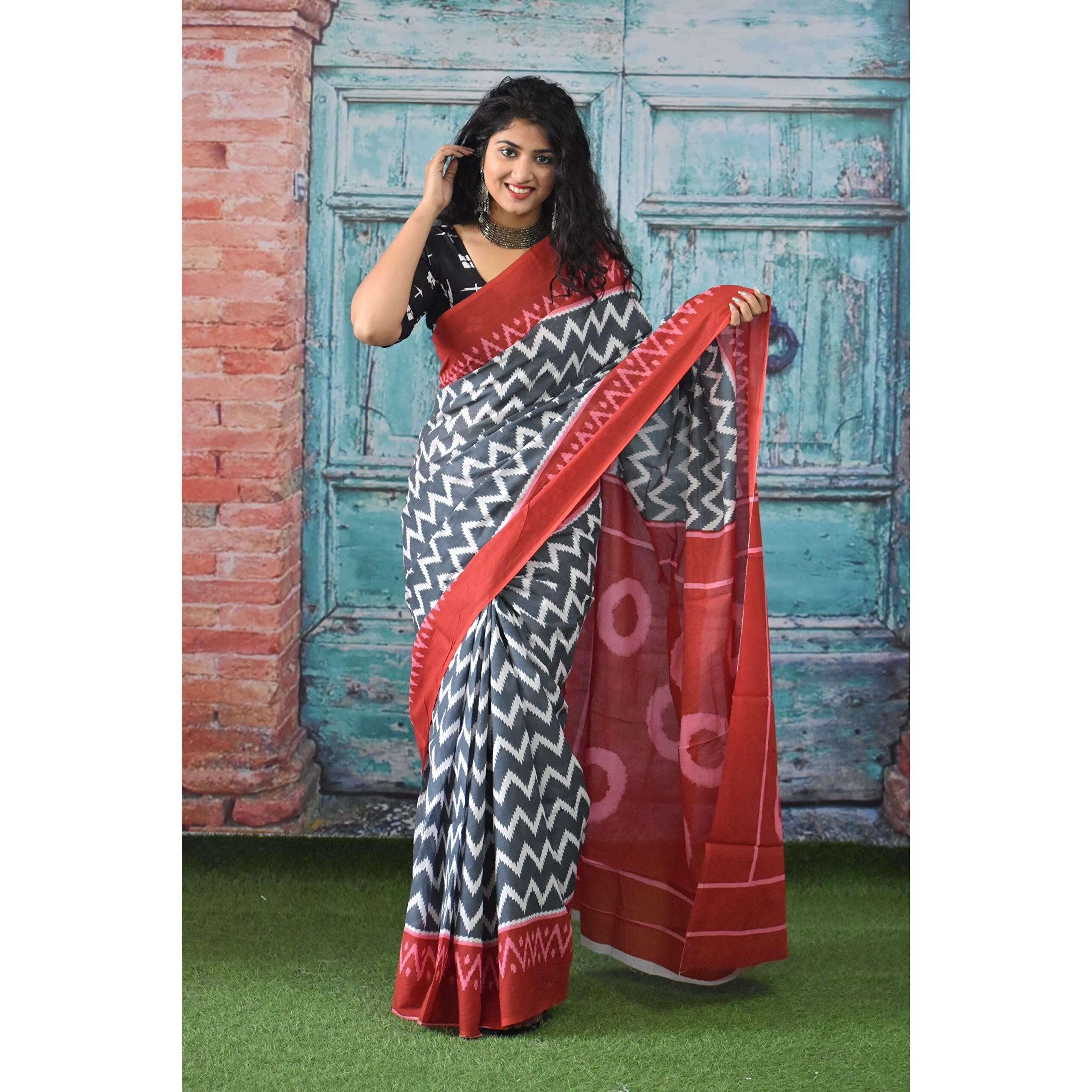 JALTHER Handicrafts Womens Ikat Hand Block Print Jaipuri Cotton Mulmul Saree with Blouse Piece_Multicolor 700