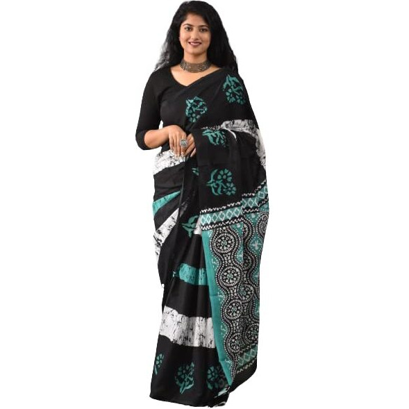 JALTHER Handicrafts Womens Ikat Hand Block Print Jaipuri Cotton Mulmul Saree with Blouse Piece - Black_297